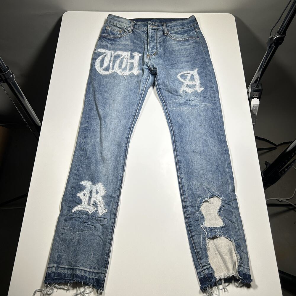 MNML Jeans Mens 28x32 Gothic Patch Distressed Ripped Raw Hem Y2K Streetwear Blue